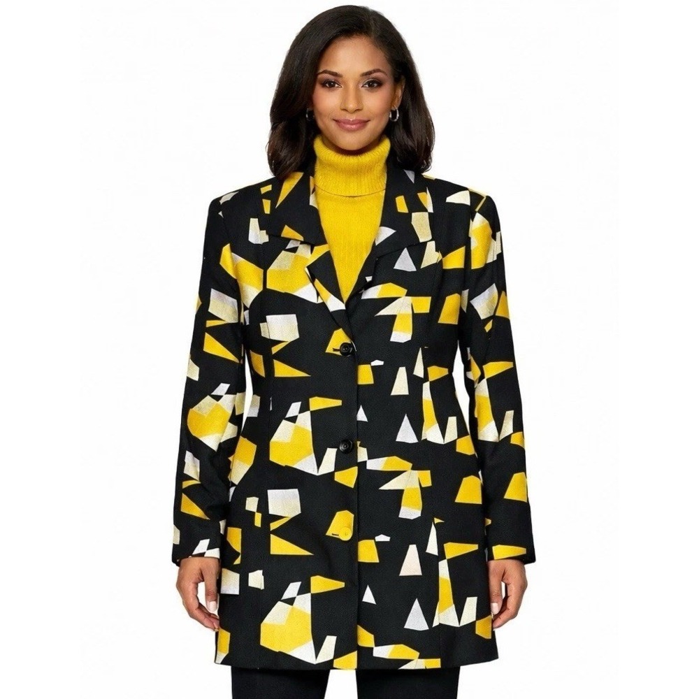 Nygard Women's Size 12 Linen Rayon Blazer Jacket Black Yellow Abstract Print